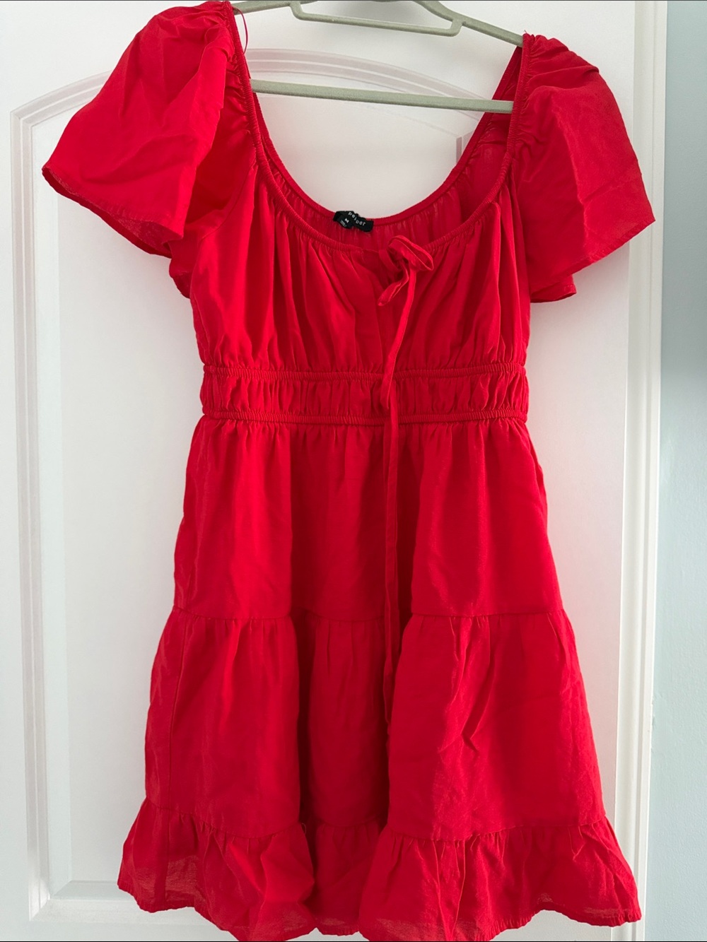 Blu Pepper Red Tiered Mini Dress with Puff Sleeves